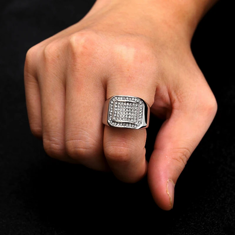 Hip-Hop-Micro-Pave-Rhinestone-Iced-Out-Bling-Square-Ring-Men-s-Gold-Filled-Titanium-Stainless