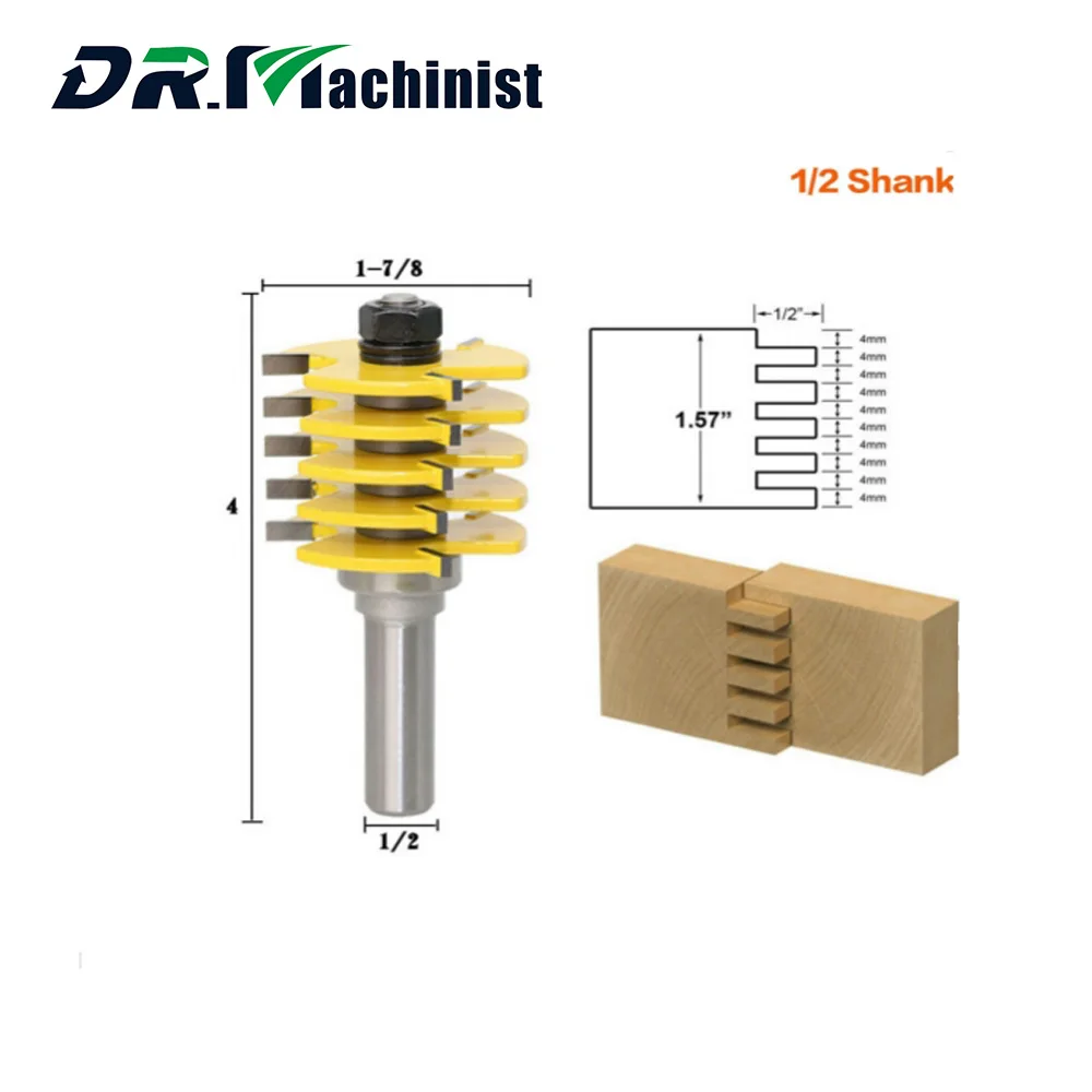 

Box Joint Router Bit - Adjustable 5 Blade - 3 Flute - 1/2" Shank For Wood Cutter Tenon Cutter for Woodworking Tools