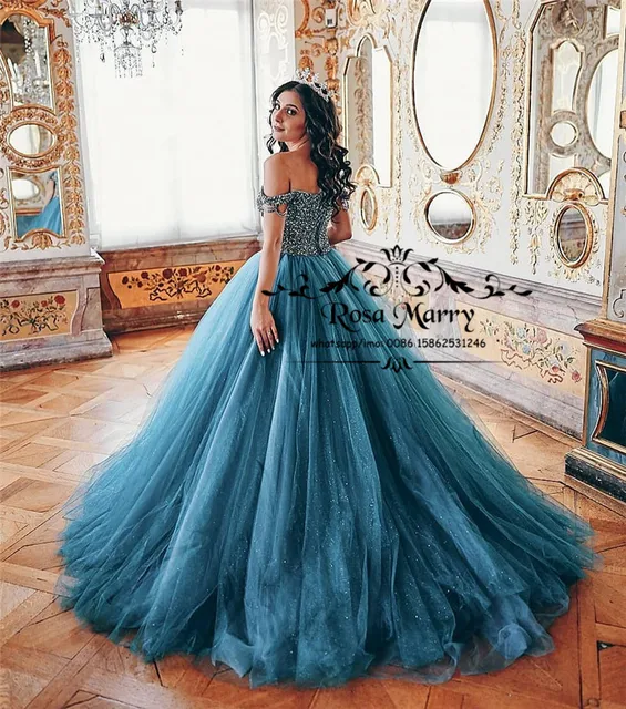 $US $179.20 Luxury Crystals Ball Gown Prom Dresses 2020 Plus Size Off Shoulder Puffy Tulle Girls vestidos de fiesta largos Formal Party Gown
