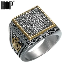 

HIP Punk Crown Pattern Mens Signet Rings Vintage Square Titanium Stainless Steel Crystal Rings for Men Jewelry