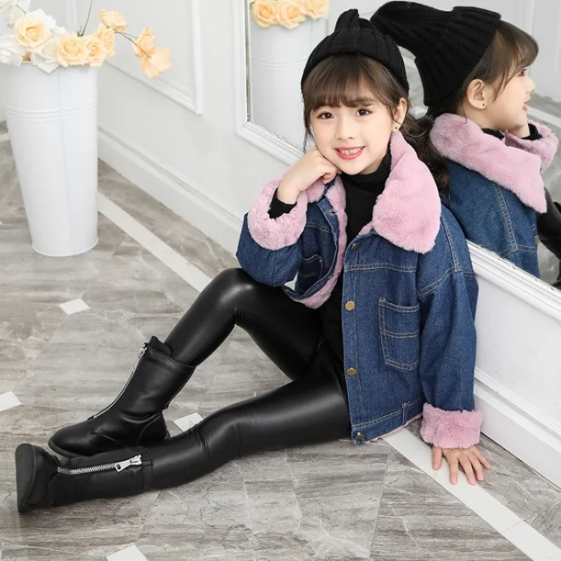 

2019 Autumn Winter Girls Lamb Cashmere Thick Denim Jacket Coat