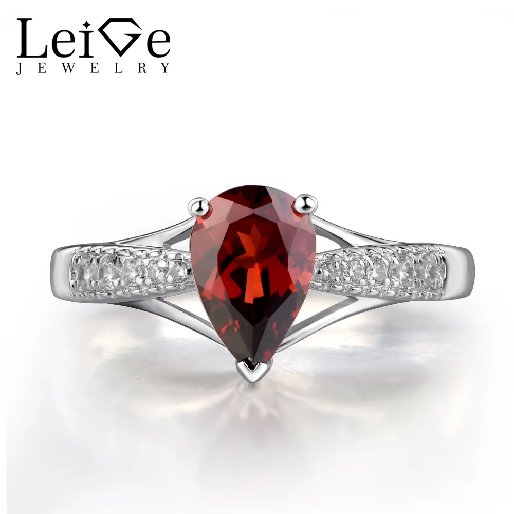 Leige Jewelry Silver 925 Rings Tear Drop Shape Natural Red Gemstone Engagement Promise
