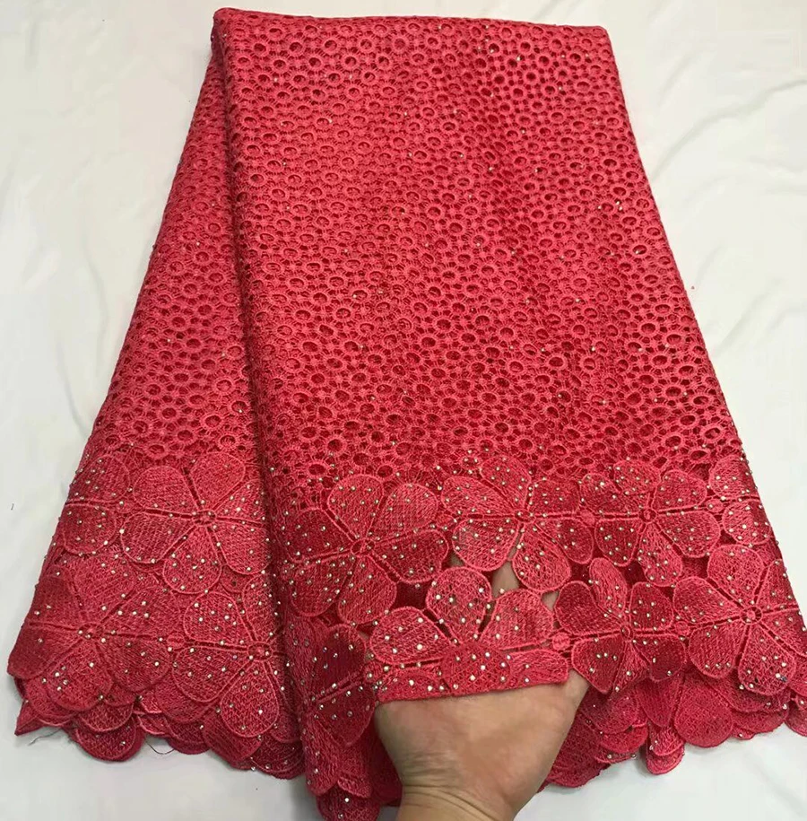 

Newest style Embroidered guipure lace fabric with stones French water soluble lace fabric African cord lace Wedding dress
