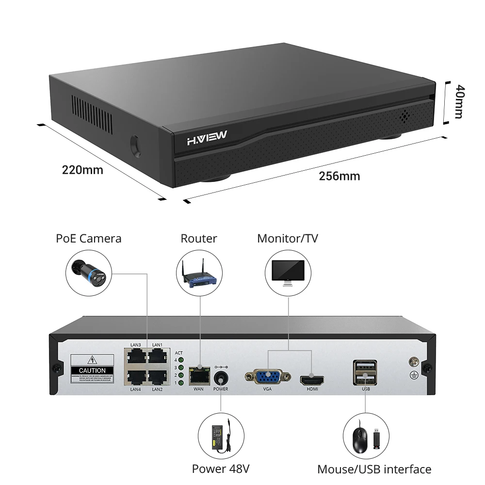  H.VIEW 4ch 1080p CCTV Camera System PoE H.265 CCTV Camera System 2mp Surveillance Kit PoE 48V Surve