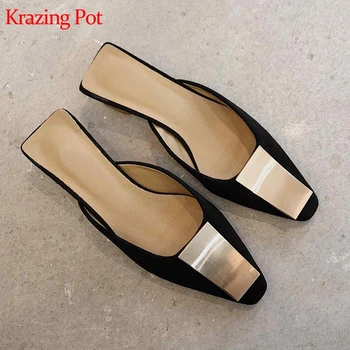 

Krazing Pot sheep suede brand shoes square toe med heel outside slippers square metal decoration beauty preppy style mules l11