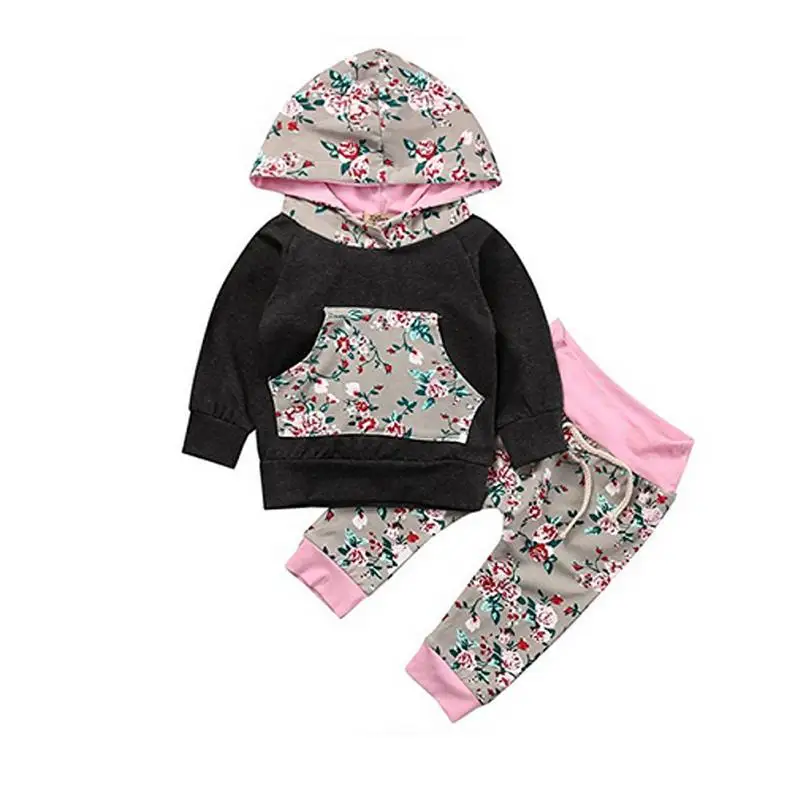 

2pcs Black printing Long Sleeve Pink Hoodie+Stripe Pants Children Clothing Sets