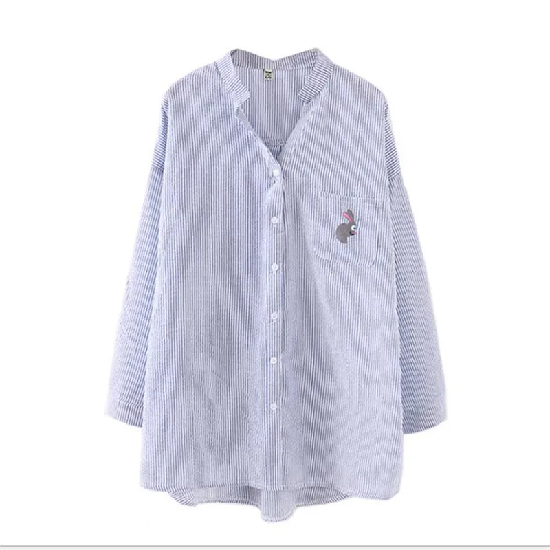 Kopen Oversize 2018New Mode Vrouwen Midden lange Gestreepte Lente Herfst Blouse Vrouwelijke Plus Size 6XL Turn Down Kraag Losse BlouseCQ1084