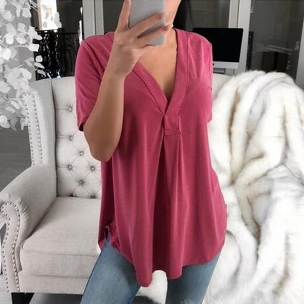 

CALOFE 2019 New Summer Women Casual Short Sleeve Blouses Fashion Sexy V-Neck Tops Female Basic Solid Plus Size Loose Shirts