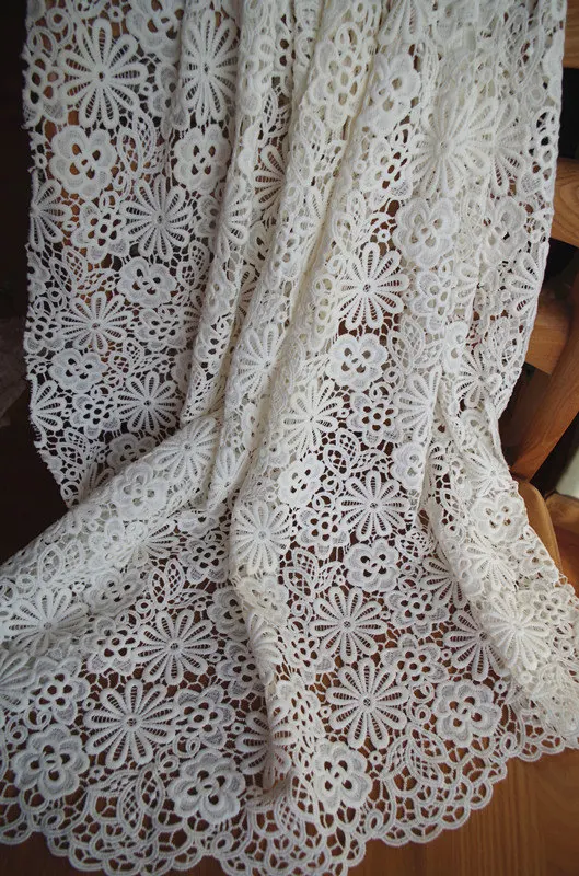 ivory lace fabric, crocheted net lace for wedding table cloths with hollow out daisy flowers, MF044