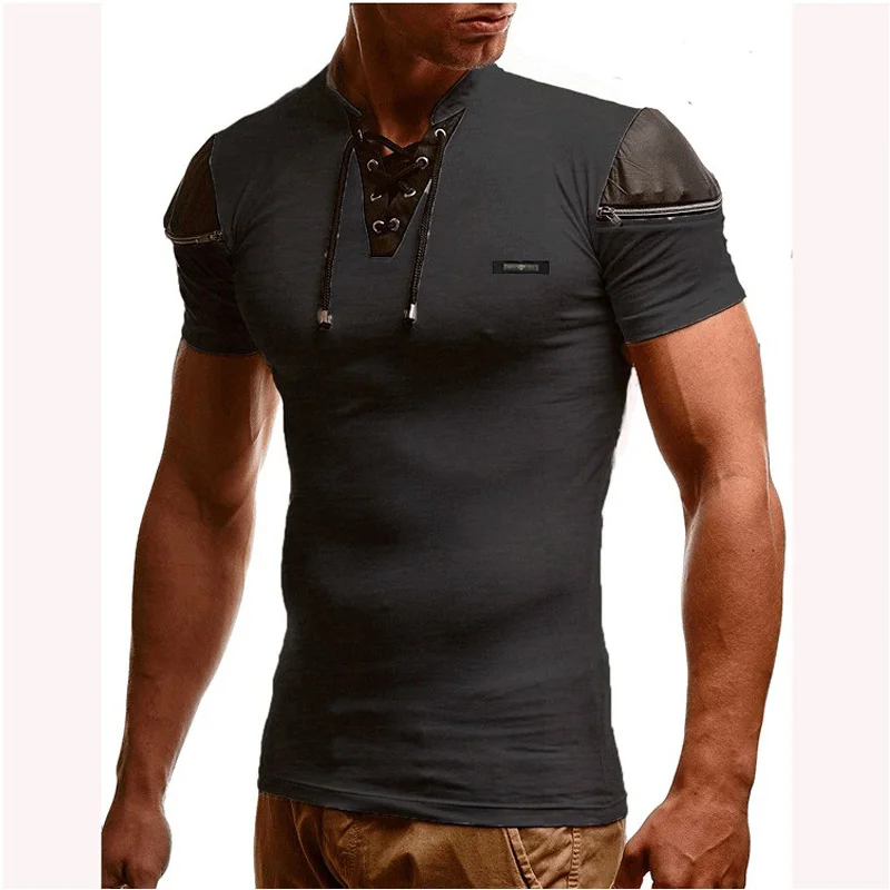 Мужская сексуальная Облегающая белая футболка с v-образным вырезом, мужская кожаная футболка в стиле пэчворк, Мужская Уличная одежда в стиле хип-хоп на молнии, Camisetas Hombre