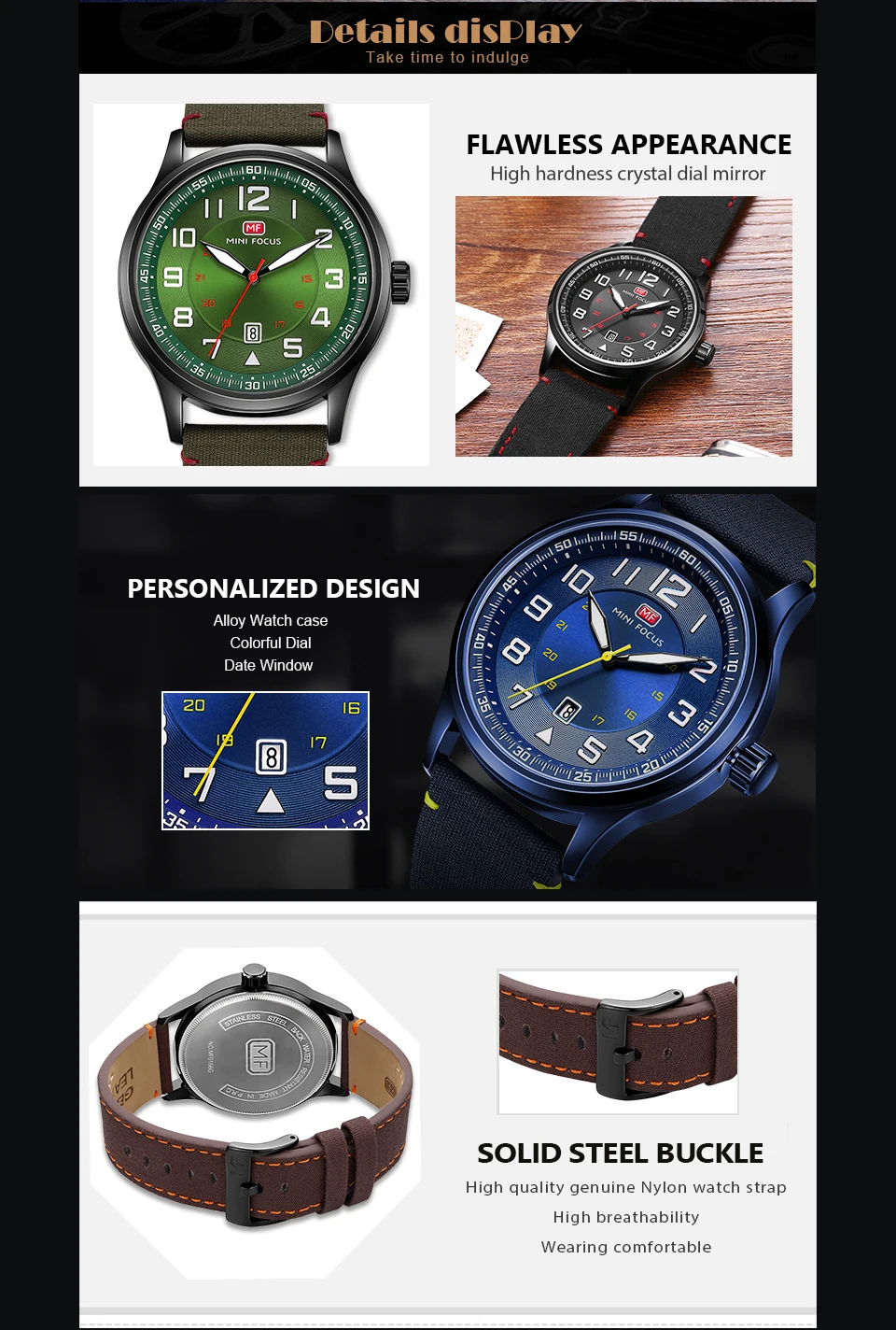 MINI FOCUS Military Mens Watches Marine Quartz Watch Ocean Blue Nylon Strap 3D Index Design Auto Da