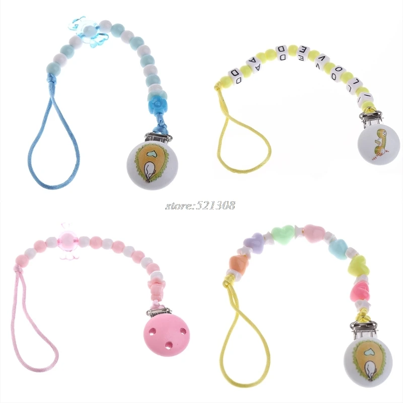 Cute Babys Beaded Wood Pacifier Holder Clip Nursing Teething Dummy Chain Newborn Gift