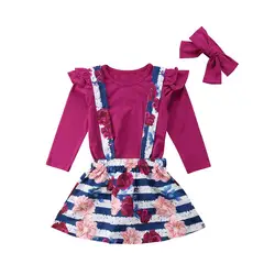 Комплект одежды для маленьких девочек, костюмы принцессы в полоску с цветочным принтом для девочек Футболка + комбинезон + повязка на