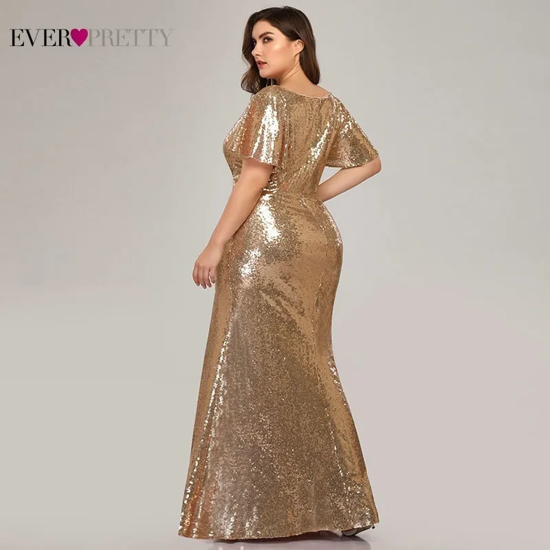 Plus Size Rose Gold Evening Dresses Long Ever Pretty EP07988RG Mermaid V-Neck Sequined Arab Formal Party Dresses Lange Jurk 2019