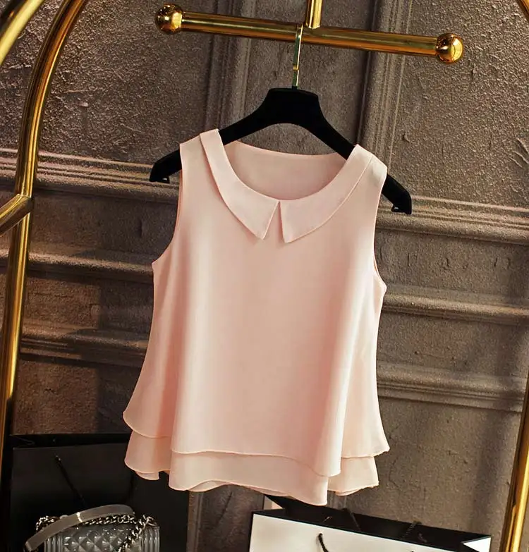 Летняя Новинка размера плюс шифоновая блузка для женщин топы и блузки двухслойный воротник без рукавов Femme Blusas Femininas - Цвет: light pink