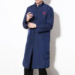 Китайский Стиль Длинные куртки мужские зимние куртки мужские длинная Парка мужская вышивка зимние пальто воротник-стойка Весте Homme