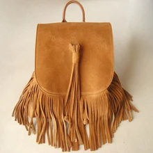 2016 Женщин Неподдельной Кожи Замши Женский Рюкзак Ретро Богемский Boho Chic Мини Ковша Fringe Кисточкой Коричневый Народная Rucksuck Мешки рюкзак