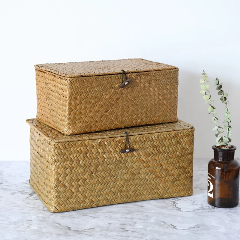 WCIC Seaweed Storage Basket with Lid Finishing Basket Sundry Bath Cosmetic Towel Container Handmade Seagrass Woven Storage Box