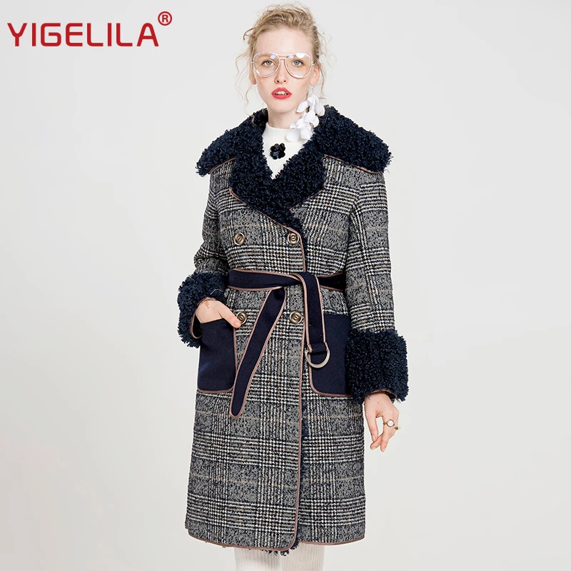 YIGELILA последние Для женщин плед шерстяной пальто Мода High Street отложным воротником
