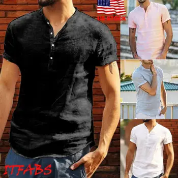 

Men's Summer Short Sleeve Loose V-neck Linen T-shirt Dress Shirt Blouse Tops Tee