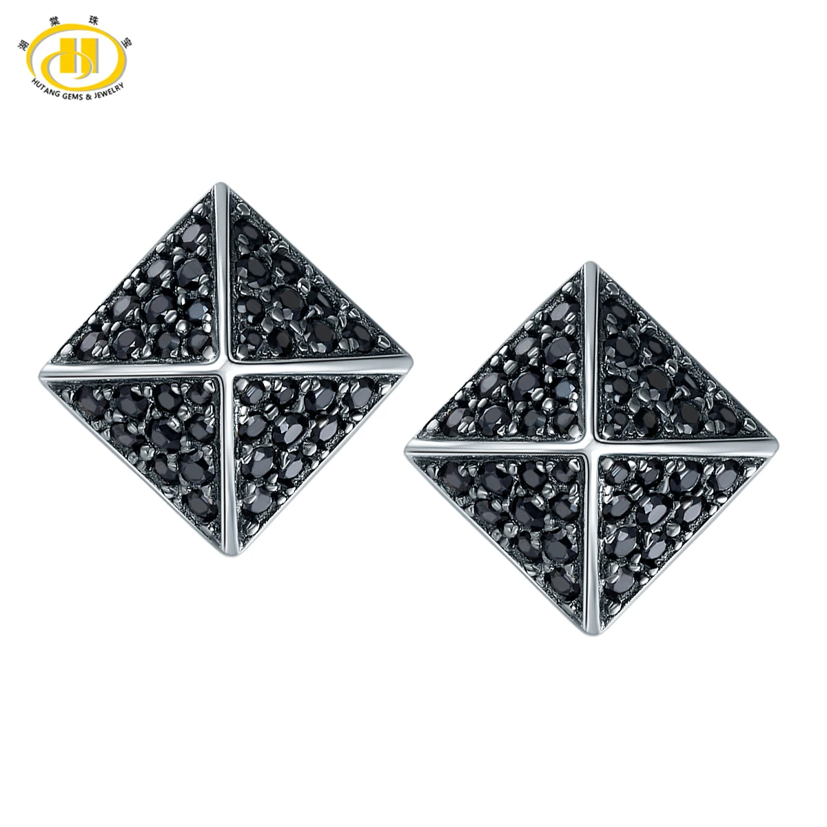 

Hutang Natural Black Spinel Stud Earrings Solid 925 Sterling Silver Pyramid Design Jewelry For Women Best Gift