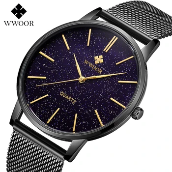 

WWOOR 2019 New Men Luxury fashion Simple Slim Quartz Watch Black Steel Mesh Ultra Thin Men's Watches Waterproof Male Wrist Watch