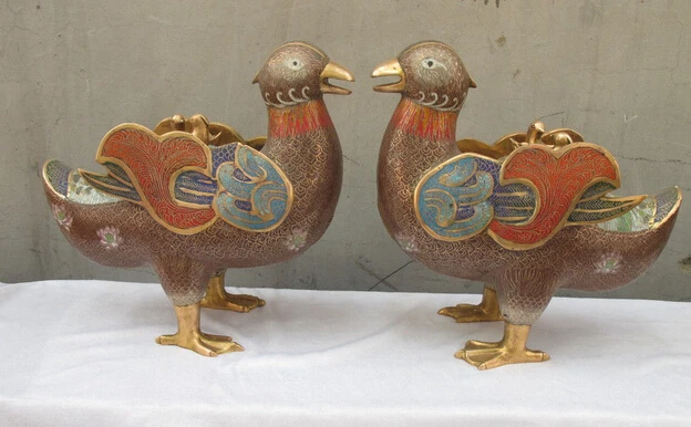 

xd 002194 China 100% Bronze Cloisonne Lotus Mandarin duck Bird Royal Decorative Statue