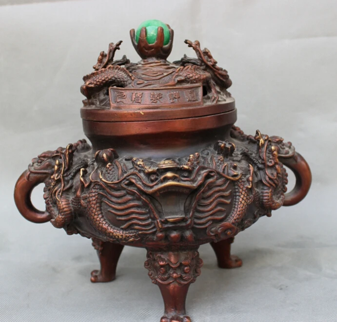 

S2926 10" Marked Chinese Pure Red Bronze Dragon Ball Statue Incense Burner Censer D0318