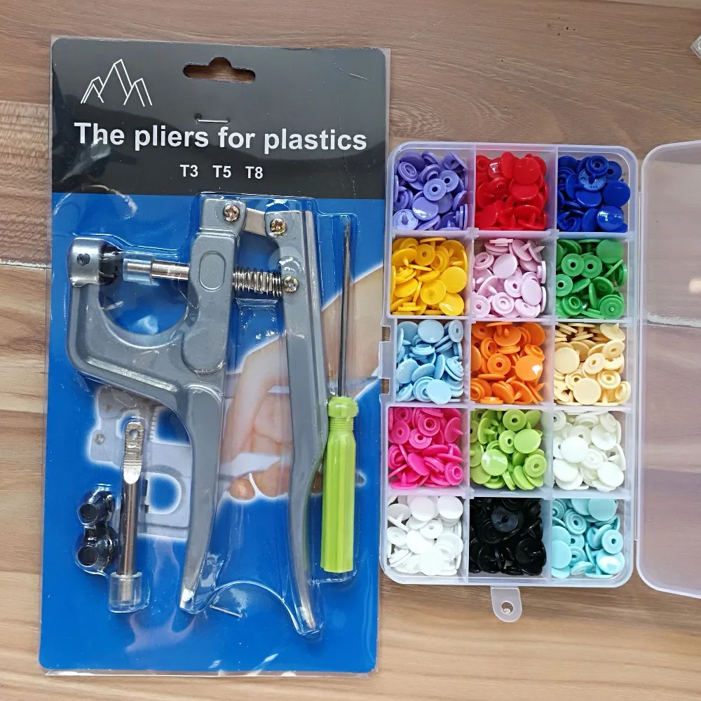 

150sets T3 10mm Plastic Snap Button with Plier Tools Used For T3 T5 T8 Kam Button Resin Snap Press Poppers Clamp for DIY Sewing