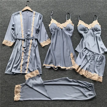 

Female Sleepwear Summer Lace Sexy Lingerie Suit Satin 5PCS Cami&Shorts&Nighty&Pants&Robe Sleep Set Casual Nightwear Negligee