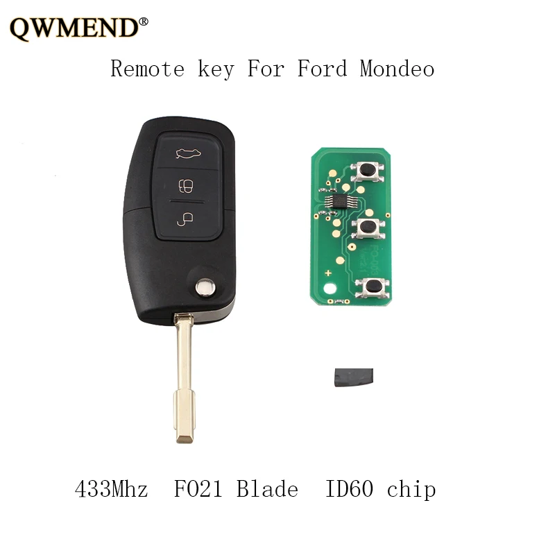 

QWMEND 3Buttons Flip Car Remote Key For Ford Fusion Focus Mondeo Fiesta Galaxy Automobile FO21 Blade Key 433/315Mhz+4D60