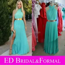 Real Sample Foto Halter High Neck Chiffon Open Back Mint Green Prom Dresses Backless Abendkleid mit Gold Metall Gürtel