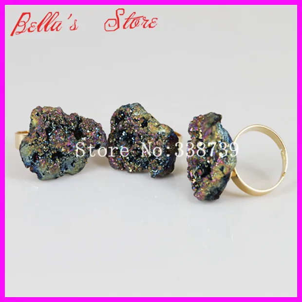 

Beautiful Rainbow Titanium Quartz Druzy Ring Gold Color Bezel Adjustable Ring Quartz Finger Ring Gems Drusy Nature Ring