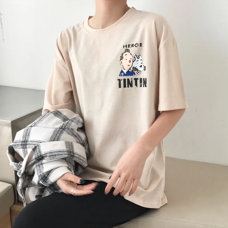

Artsnie pink cartoon print women t shirt summer 2019 o neck short sleeve tops female streetwear casual loose girl t-shirts mujer