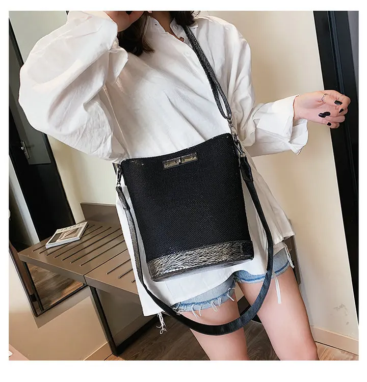 Fashion Luxurious female Korean Sequin Bling Black Bag shoulder Bucket bag Designer Ladies Crossbody Messenger Bags B42-29