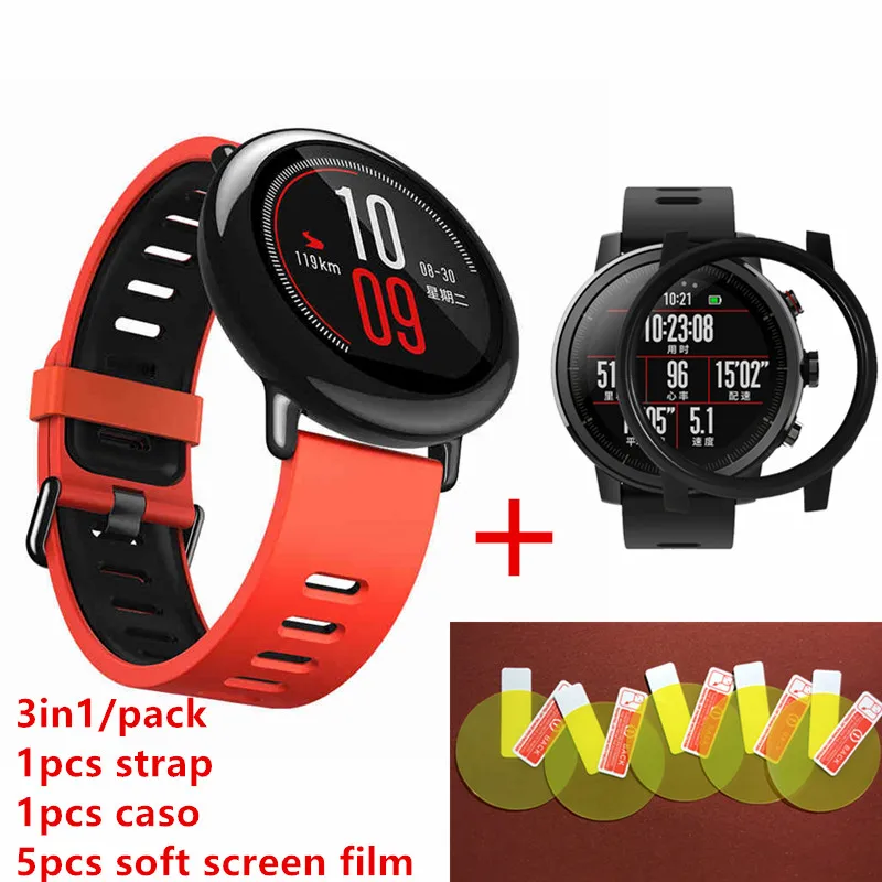 3в1 Huami Amazfit Stratos 2 силиконовый ремешок 22 мм+ TPU caso+ 5 шт. мягкая пленка для экрана для xiaomi Huami Amazfit Pace ремешок для часов - Цвет: Red plus black