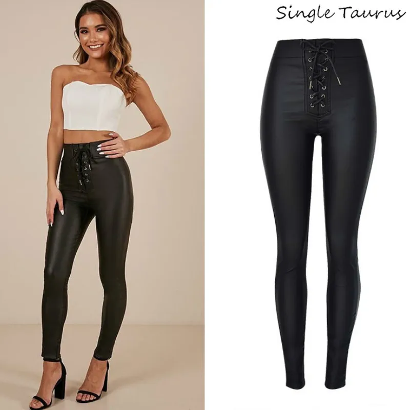 

Spring Women Solid Pencil Pants Vintage Skinny Hollow Out Straps Pants Drawstring Pocket Pant Push Up Leather PU Black Legging