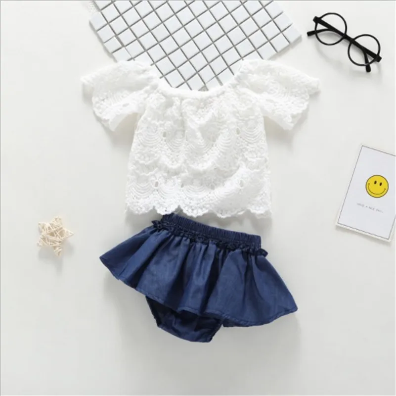 

Cute baby girl summer children's off-the-shoulder dress floral lace top + denim dress pants baby baby girl clothing