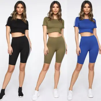 

2019 New Women Solid Short Sleeve Crop Top Short Pants Set 2pcs Outfits Jumpsuit Playsuit Casual Tracksuit