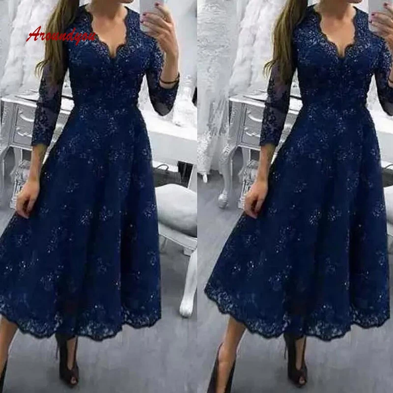 

Navy Blue Lace Mother of the Bride Dresses for Weddings Party Plus Size Long Sleeve Groom Godmother Dinner Dresses Gowns 2019