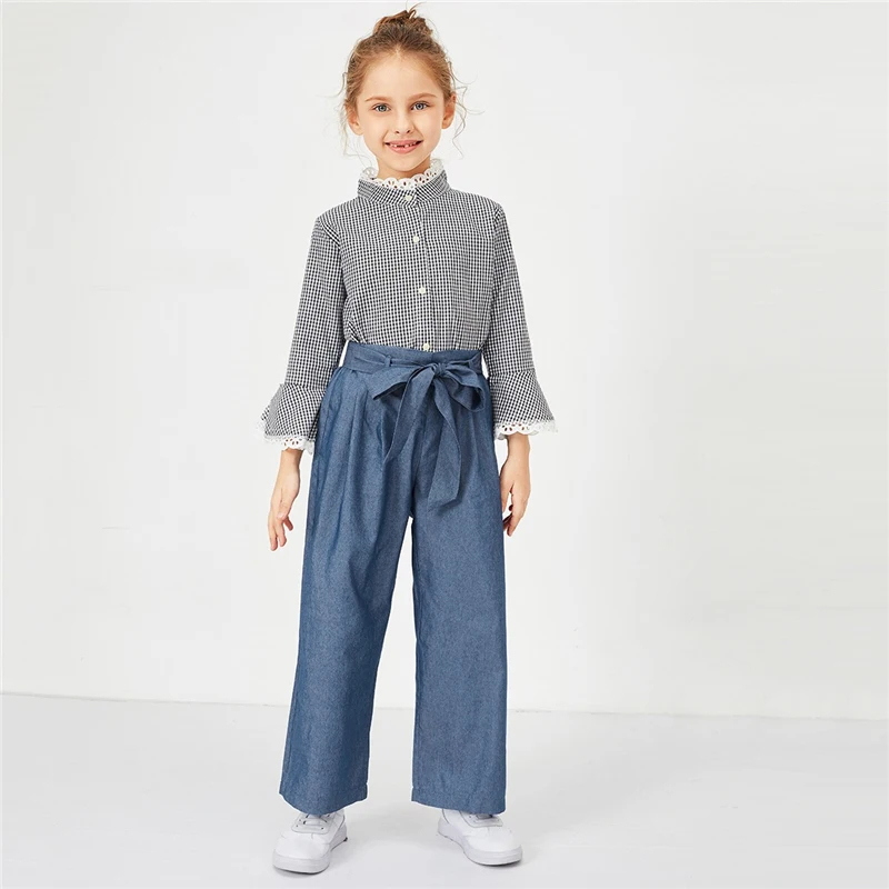 SHEIN Kiddie Blue/Элегантные штаны с эластичной резинкой на талии и поясом для девочек; коллекция года; сезон весна; Модные Винтажные брюки; брюки для девочек; детская одежда