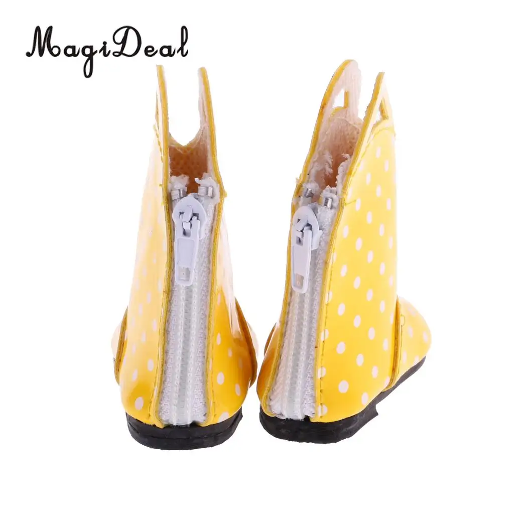 MagiDeal 1 Pair PU Leather Yellow Dots Zipper Back Boots Shoes for 18 Inch   Dolls Baby Outdoor Rain Wear Accs