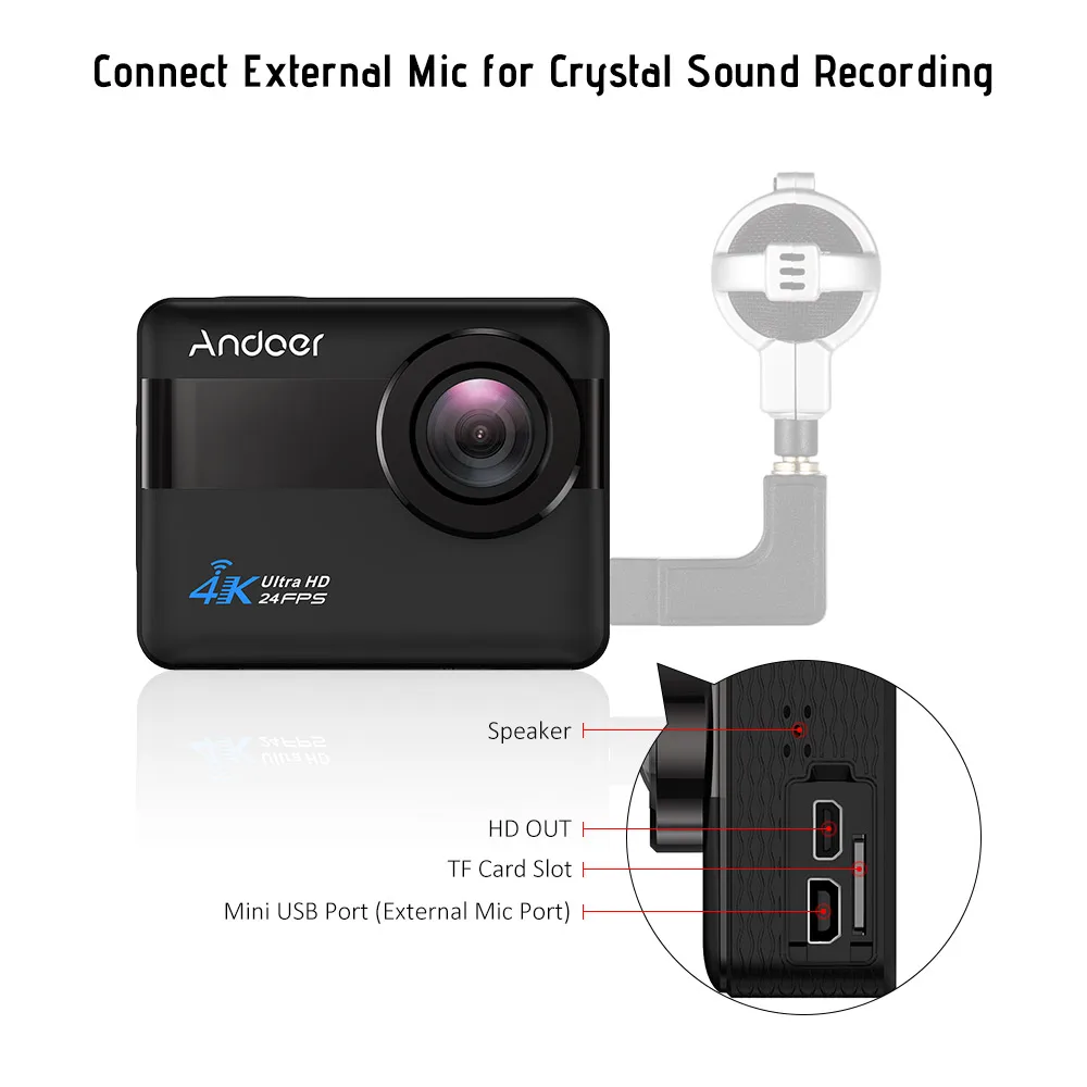 Andoer AN1 Спортивная Экшн-камера 4K WiFi 1080P 20MP Novatek 96660 чипсет 2,31 дюймов сенсорный экран Внешний микрофон Голосовая подсказка