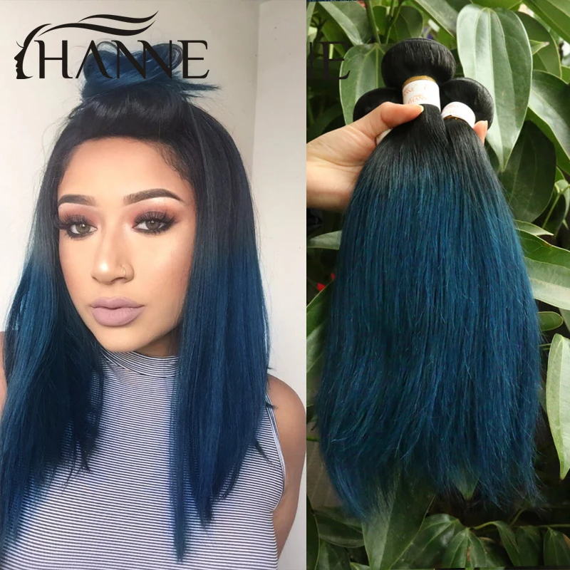 Straight Brazilian Dark Roots Blue Ends Human Hair 3pcs Remy