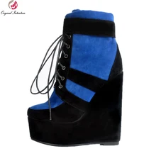 Оригинальное предназначение; пикантные женские ботильоны в стиле пэчворк; ботинки на танкетке с круглым носком; Цвет черный, синий; женская обувь; большие размеры 4-15