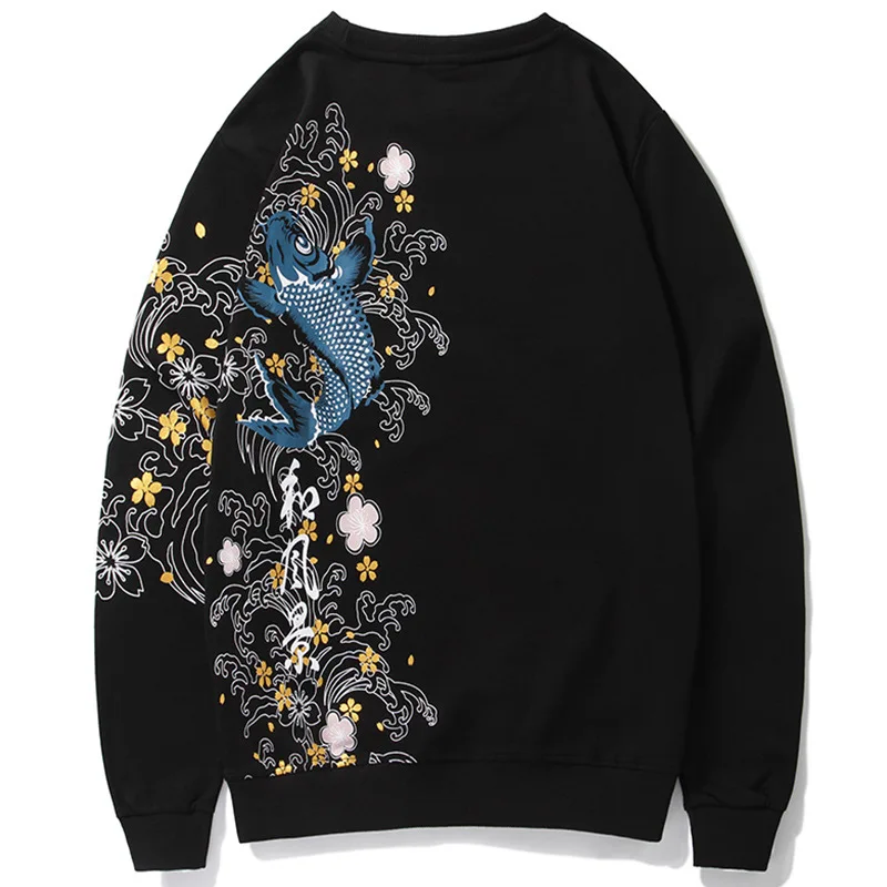 Карп вышивка Свободные флисовые пуловеры в стиле хип-хоп Уличная Одежда большого размера с капюшоном хлопковый свитшот Для мужчин Повседневное осень-зима