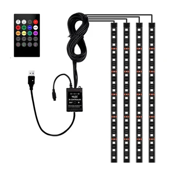 

4 Pieces Auto RGB Multicolor Interior Music Voice Active Function LED Strip Lighting with Remote Control Kit USB Port