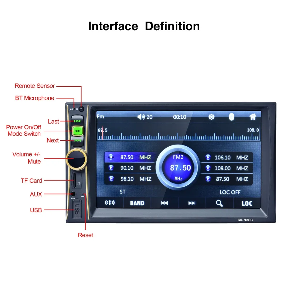 Top 7680B 7" 2 DIN Touch Screen Digital Vedio Player TFT 1080P Car Audio Radio MP5 Player Support USB Bluetooth FM Rear View Camera 3