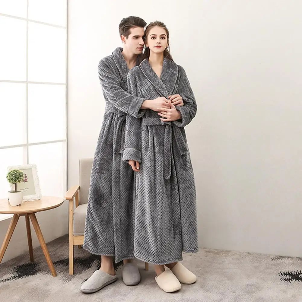 

New Arrival Men Women Soft Flannel Solid Color Long Bath Robe Home Dressing Gown Sleepwear