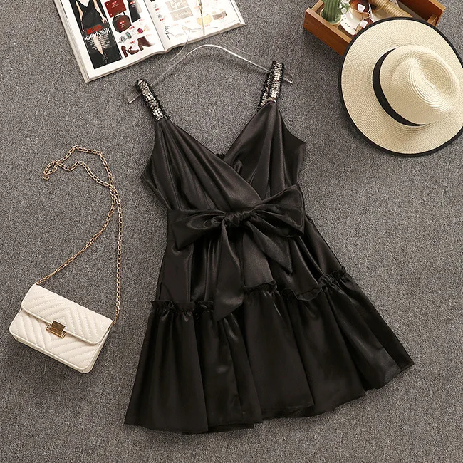 2019 الصيف جديد وصول سوبر الجنية أكمام مثير اللباس الأسود اللباس البسيطة Vestido الرسن كورتو مع القوس شاح شحن مجاني
